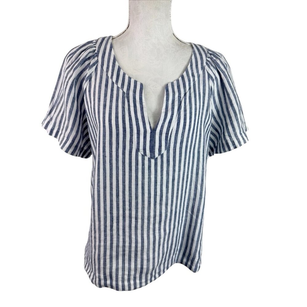 J.Crew Women's L Popover SS‎ 100% Linen Blouse Blue Striped EUC